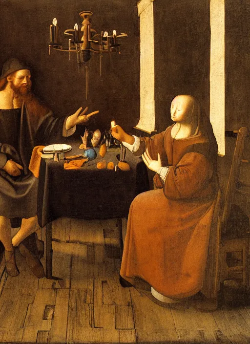 Image similar to a candlelit table at the inn, two people sitting at the table, swirling smoke, dark smoke, realistic, in the style of leonardo da vinci, dutch golden age, amsterdam, medieval painting by jan van eyck, johannes vermeer, florence