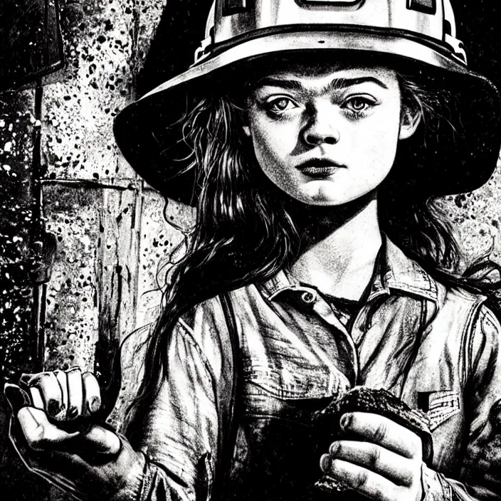 Image similar to extreme close - up on sadie sink as a miner : she lifts a slice of bread with her hand. background : black tiles on walls. black and white, pencil and ink. by gabriel hardman, joe alves, chris bonura. cinematic atmosphere, detailed and intricate, perfect anatomy