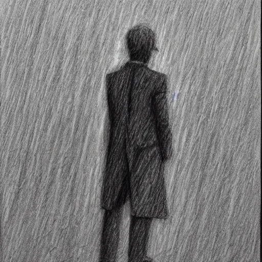 Image similar to a drawn man standing in the rain. pencil sketch.