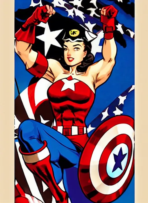 Prompt: syrian female captain america. feminist captain america wins wwii. american wwii propaganda poster by masamune shirow, rob liefeld and pixar. gorgeous face. pin up model. overwatch.