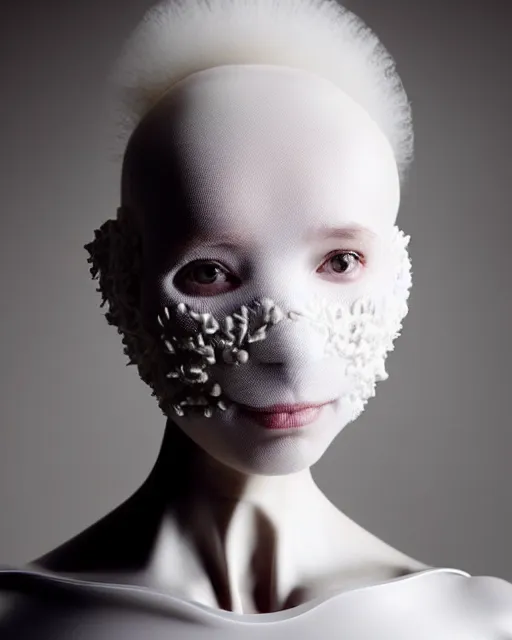 Image similar to portrait of a woman wearing a white embroidered translucent silicone mask and white black frizzy hair buns, wearing a black bodysuit by alexander mcqueen, cream white background, soft diffused light, biotechnology, humanoide robot, bjork aesthetic, translucent, by rineke dijkstra, intricate details, highly detailed, masterpiece,