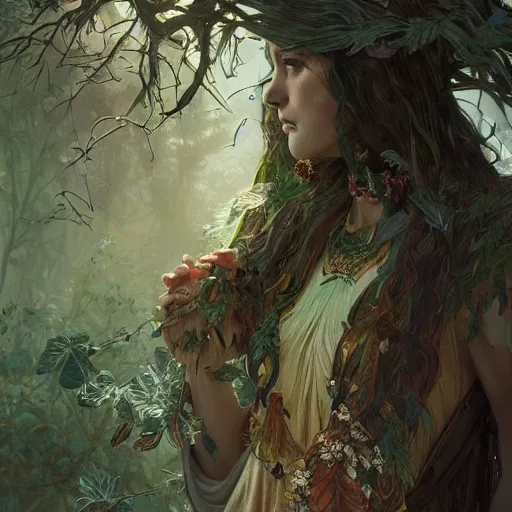 Image similar to a painting of woman tree druid with leaf themed clothing, fully clothed, D&D, fantasy, intricate, cinematic lighting, highly detailed, digital painting, artstation, concept art, smooth, sharp focus, full body, illustration, art by Artgerm and Greg Rutkowski and Alphonse Mucha