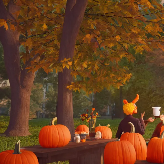 Image similar to pumpkin headed people ordering coffee at a coffee stand, red maple trees with fall foliage, volumetric, realistic, cinematic lighting, ray tracing, unreal engine 5, octane render, hyper realistic, photo, 8 k