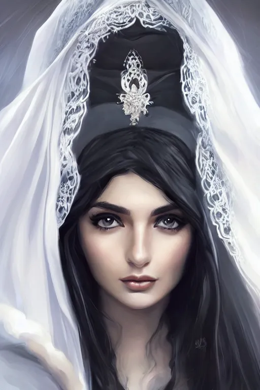 Image similar to Ameera al-Taweel, blue eyes, long wavy black hair, fierce look, white veil, closeup, focus face, elegant, highly detailed, centered, digital painting, artstation, concept art, art by artgerm