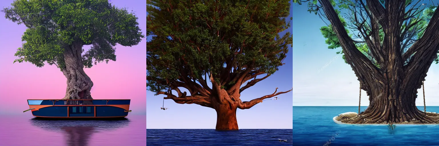 Prompt: large tree growing on a boat in the middle of the open sea, hyper-realism, 8k, award-winning, bright