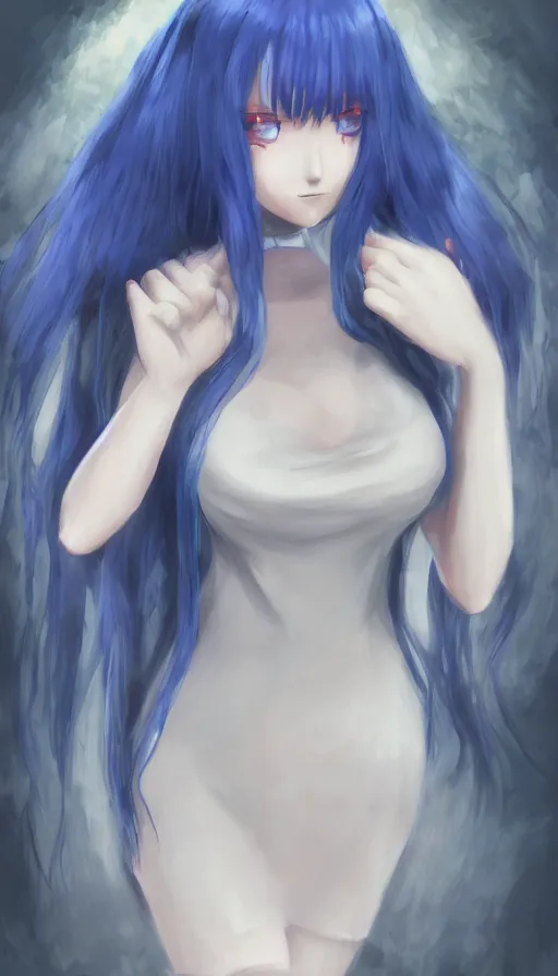 Image similar to ''frederica bernkastel from umineko when they cry, long blue hair, creepy art, fantasy artwork, concept art, artstation, digital paintting, 4 k''