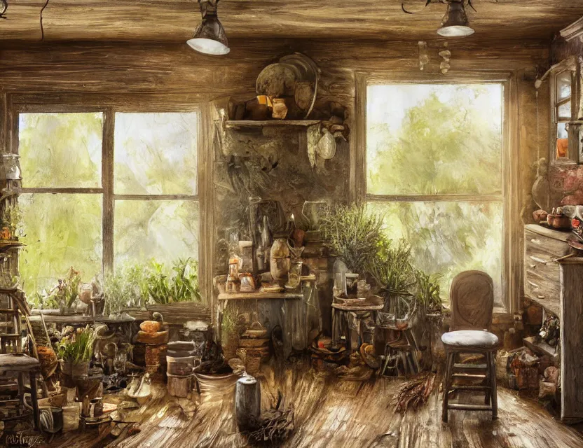 Prompt: expressive rustic oil painting, interior view of a [[cluttered]] herbalist cottage, waxy candles, burning herbs hazy, dried herbs, cabinets, wood furnishings, herbs hanging, wood chair, light bloom, dust, ambient occlusion, morning, rays of light coming through windows, dim lighting, brush strokes oil painting