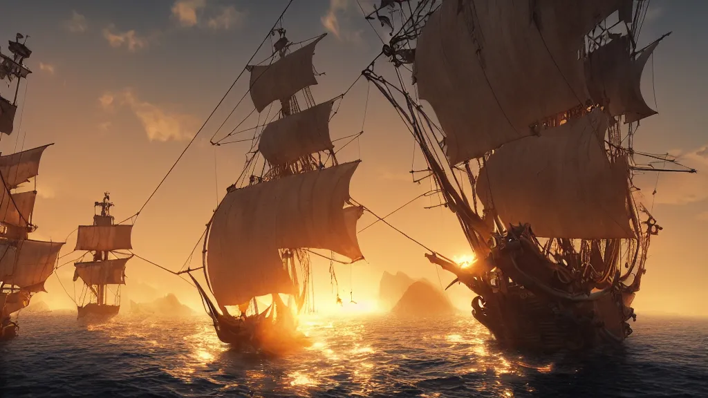 Image similar to a pirate ship, low angle, cinematic, golden hour, artstation, hd, mist