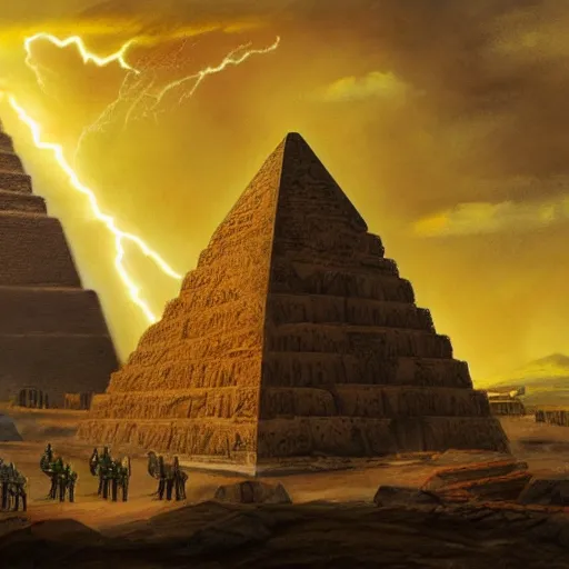 Prompt: Zues guarding the pyramid of Cheops, dessert, ancient world, realistic, god, dramatic lightning, very detailed, concept art,