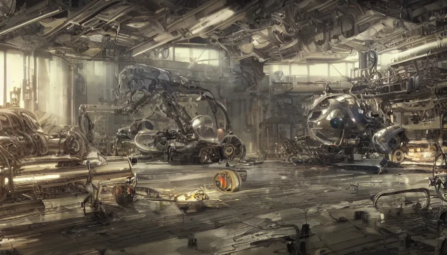 Image similar to the inside of a futuristic mechanic spaceshop coc, highly detailed interior, scrap metal on workbenches, half - finished robot, holographic screen in center frame by peter mohrbacher, cryengine render, hyper realism, realistic shading, cinematic composition, realistic render, octane render, detailed textures, photorealistic, wide shot, fanciful, colorful