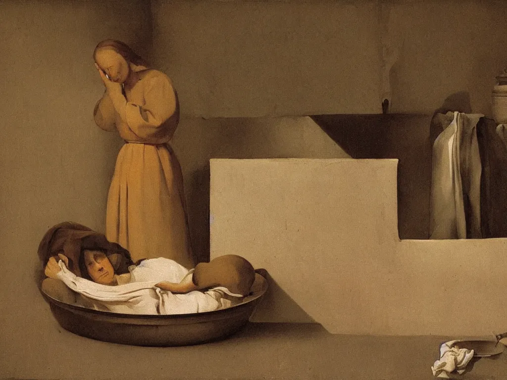 Image similar to Woman sleeping in a house ablaze. Basin full of water nearby. Painting by Zurbaran.