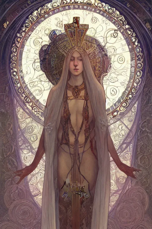 Image similar to a full body portrait of a beautiful ethereal delicate byzantine mage queen meditative sacral pose catholic stages of the cross, intricate, elegant, highly detailed, digital painting, artstation, concept art, smooth, sharp focus, illustration, art by krenz cushart and artem demura and alphonse mucha