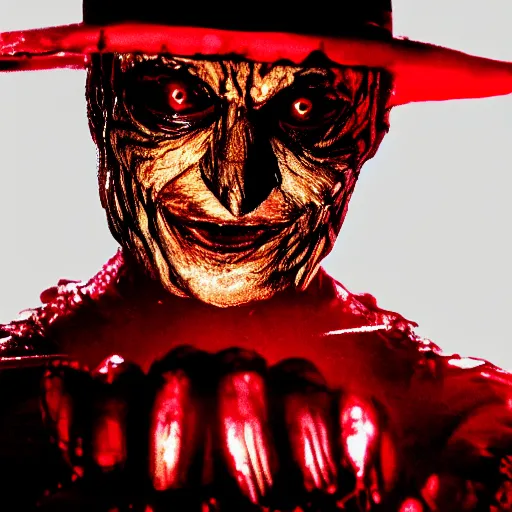 Image similar to close up of Freddy Krueger's face, holding his hand with blades in front of his face, dramatic low-key red lighting, black background, editorial photo from movie magazine,