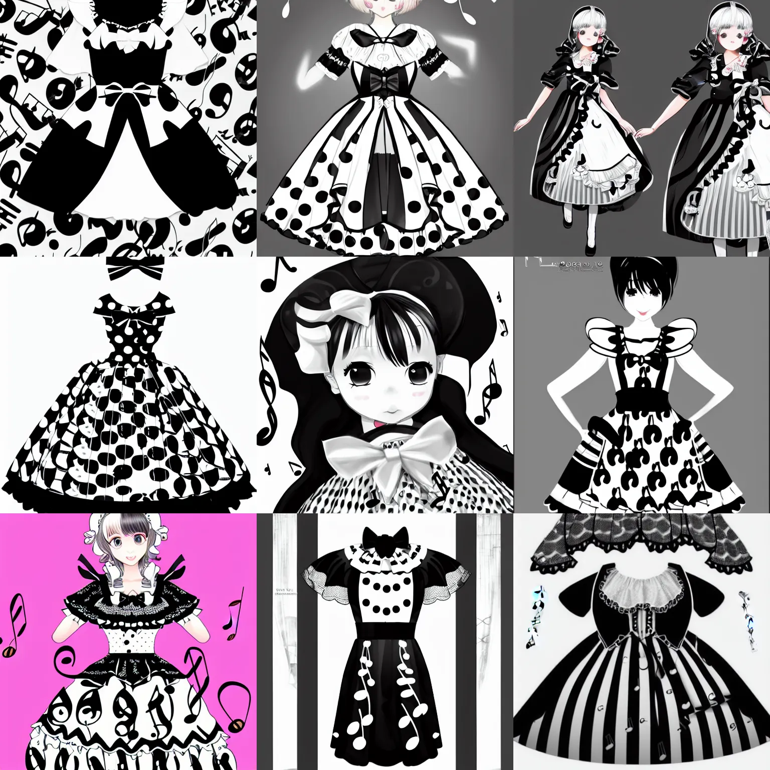 Prompt: a black and white lolita dress coord, music note pattern, music theme, digital art, concept art, artstation