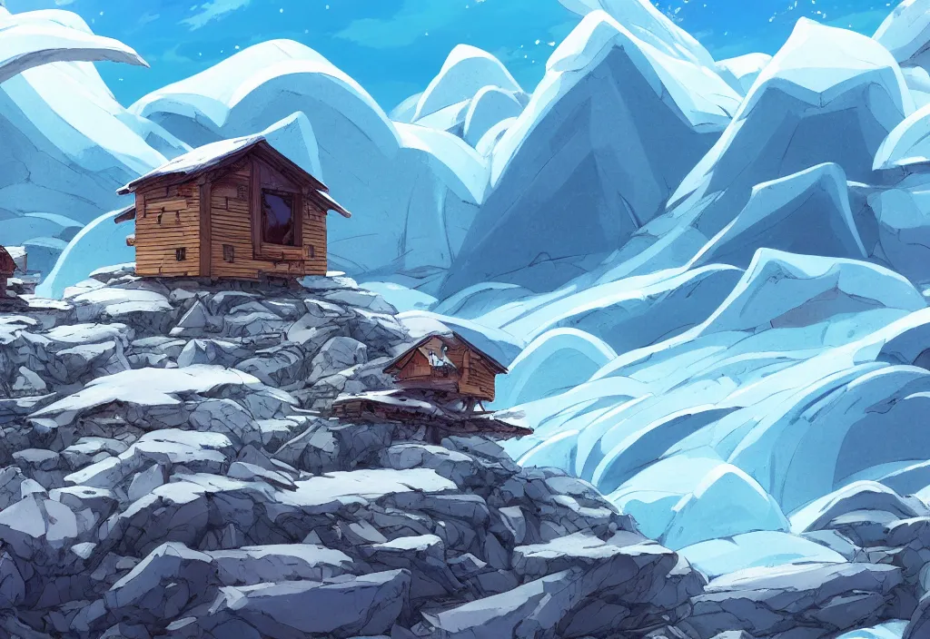 Image similar to a glacier with a tiny chubby wood house on the foreground, dead trees, ice, rocks, dry plants, intricate oil painting, high detail illustration, sharp high detail, manga and anime 1 9 9 9, official fanart behance hd artstation by jesper ejsing and makoto shinkai, 4 k,