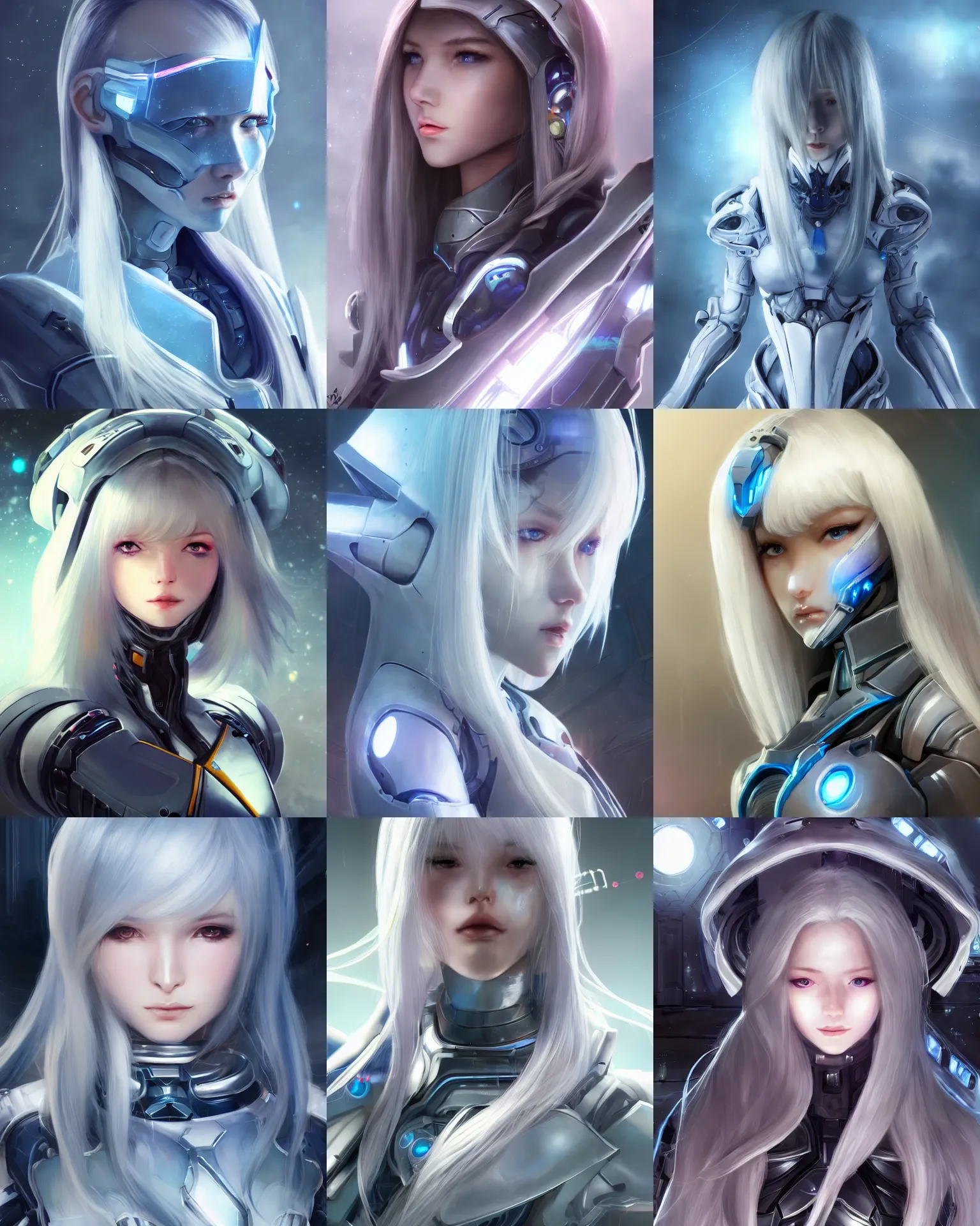 Prompt: perfect android girl, warframe armor, beautiful face, scifi, futuristic, space station, laboratory, kwak ji young, dreamy, long white hair, blue cyborg eyes, cinematic lighting, innocent, highly detailed, sharp focus, smooth, artstation, perfect, intricate, award winning, pure aura, divine, by akihiko yoshida