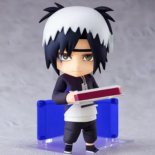 Image similar to high quality portrait flat matte painting of cute Uchiha Sasuke in the style of nendoroid and Toon naruto , flat anime style, thick painting, medium close-up