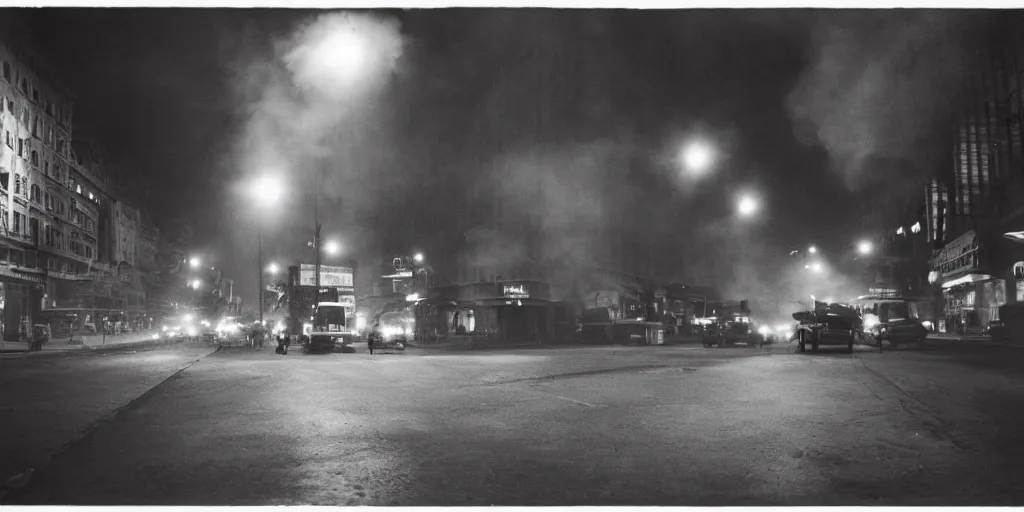 Prompt: a high resolution photo of a new york street at night surrounded with smoke and cars with bright headlights by robert capa, realistic photo, leica, magnum award winning photograph, parallax photography,