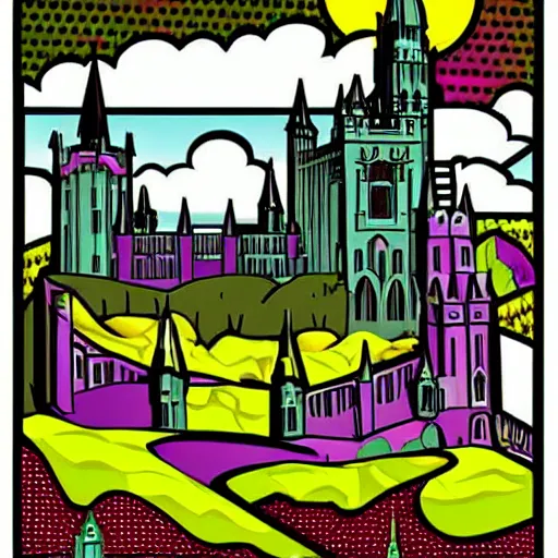 Image similar to beautiful gothic castle landscape in the style of Pop art