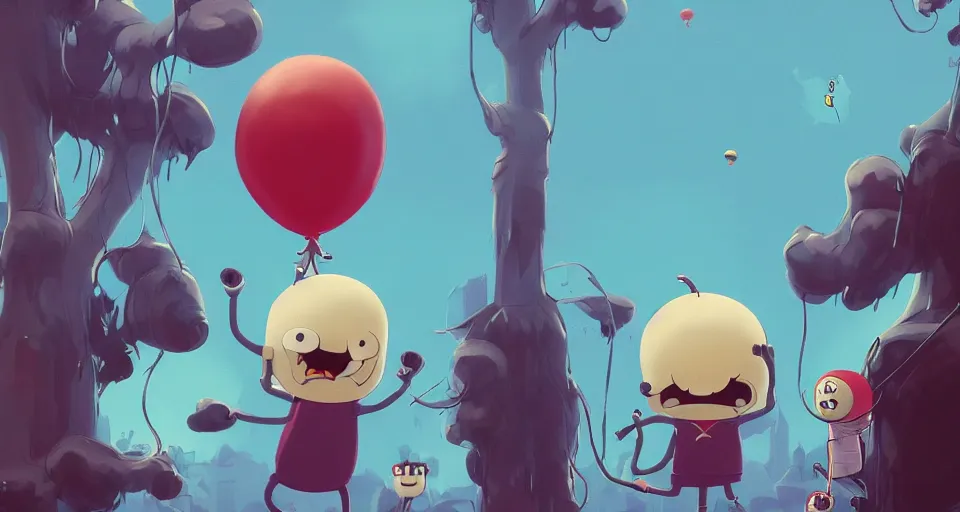 Image similar to cartoon scary children with balloons, evil, in the style of adventure time, the amazing world of gumball, pixar, toki doki, greg rutkowski and makoto shinkai, trending on artstation