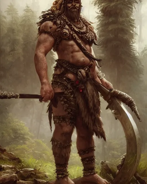 Prompt: portrait of fantasy human savage barbarian warrior wearing ancient barbarian clothes and eye - patch and necklace made from human bones, big beast pet sitting next to him, forest temple in the background, illustration concept trending pixiv fanbox by wlop and greg rutkowski and caravaggio and rosa bonheur, and william harnett