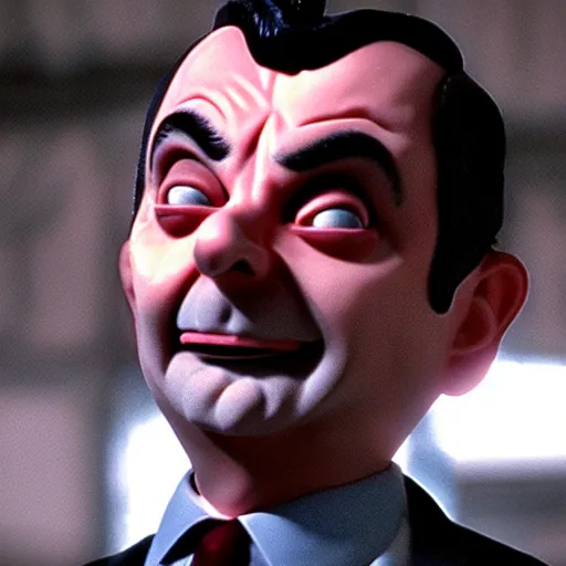 Prompt: mr. bean micheal meyers from the halloween movie. movie still. cinematic lighting.