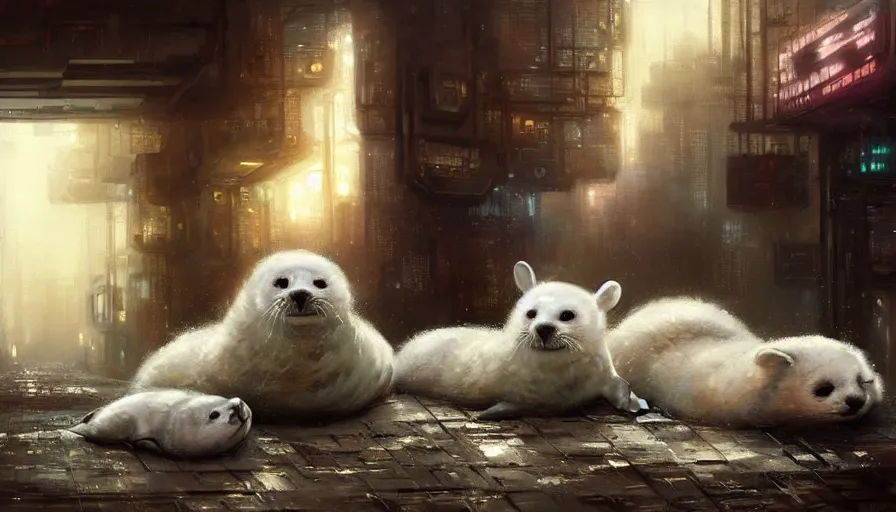 Image similar to highly detailed painting of cute furry white baby seals cuddled up in a cardboard box in a dystopian cyberpunk street by william turner, by greg rutkowski, thick brush strokes and visible paint layers, 4 k resolution, retrowave colour scheme