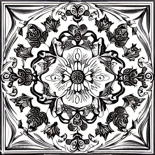 Prompt: beautiful decorative ornament with classical floral elements emanating from center of design, decorative design, classical ornament, motif, bilateral symmetry, roses, leaves, flowers, buds, flowering buds, negative space, highly detailed etching