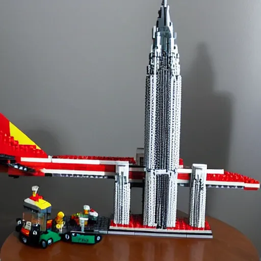 Image similar to Lego set of Twin towers being hit by a plane