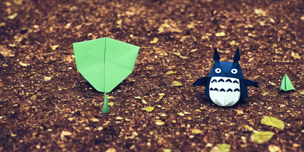 Image similar to totoro in film still with a full still life film still commercial extreme closeup photo of real - life intricate origami plant, eye contact, tilt shift zaha hadid real - life origami forests background, ghibli leaf hat insta filter, cinestill, 8 k