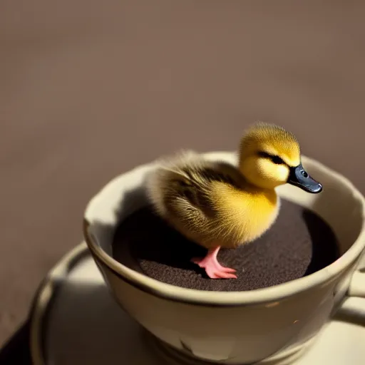 Image similar to cute duckling sitting in a teacup, photography, minimalistic, 8 k