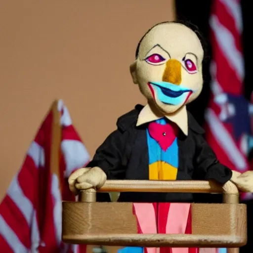 Image similar to puppet show with a puppeteer using a string marionette of a president with clown makeup in a podium