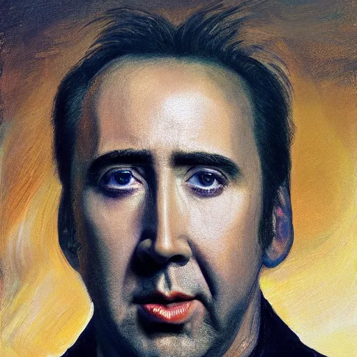 Image similar to Nicolas Cage as an Android, head and shoulders, oil on canvas, golden hour, in the world of Andrew Wyeth, artstation, by J. C. Leyendecker and Peter Paul Rubens,