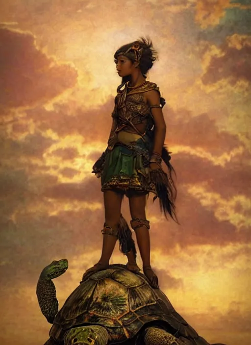 Image similar to a little warrior girl standing on top of one giant turtle in the desert. the girl has dark skin and beautiful green eyes, realistic full body and a very beautiful detailed symmetrical face with long black hair. diffuse light, dramatic sky and landscape, extreme long shot fantasy illustration by mucha