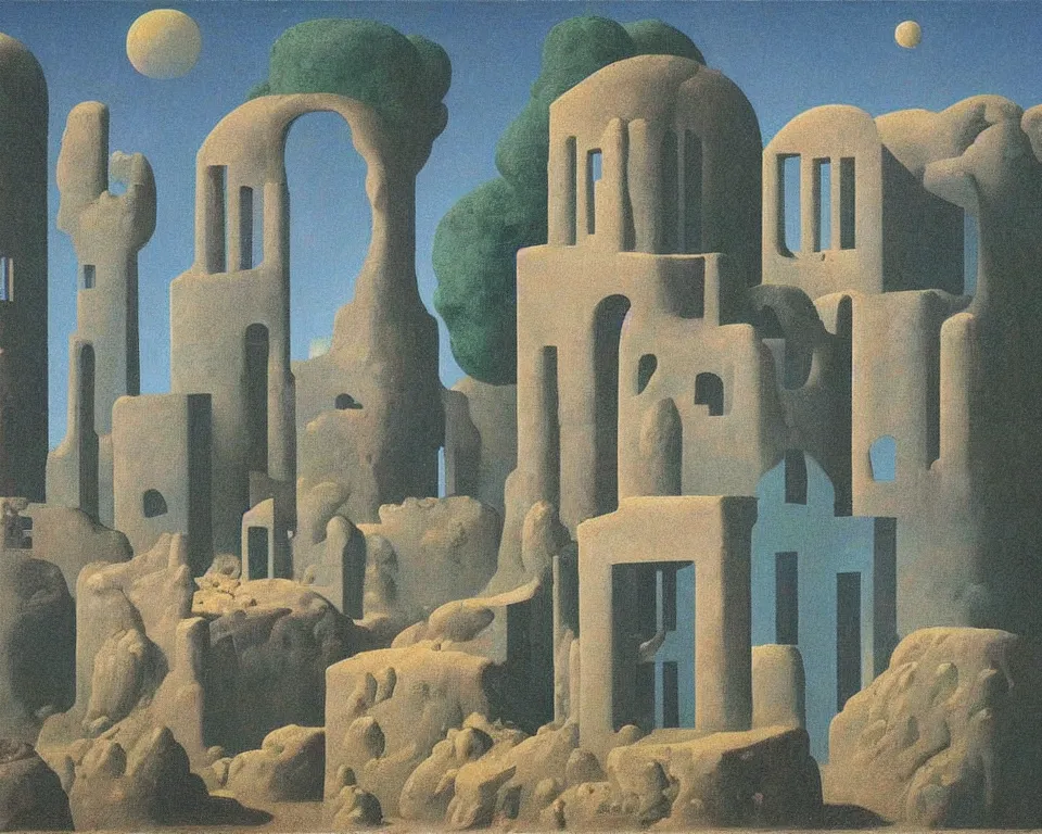 Prompt: an enchanting cosmic rowhouse hidden in the desert time forgot by Rene Magritte and Giovanni Paolo Panini.