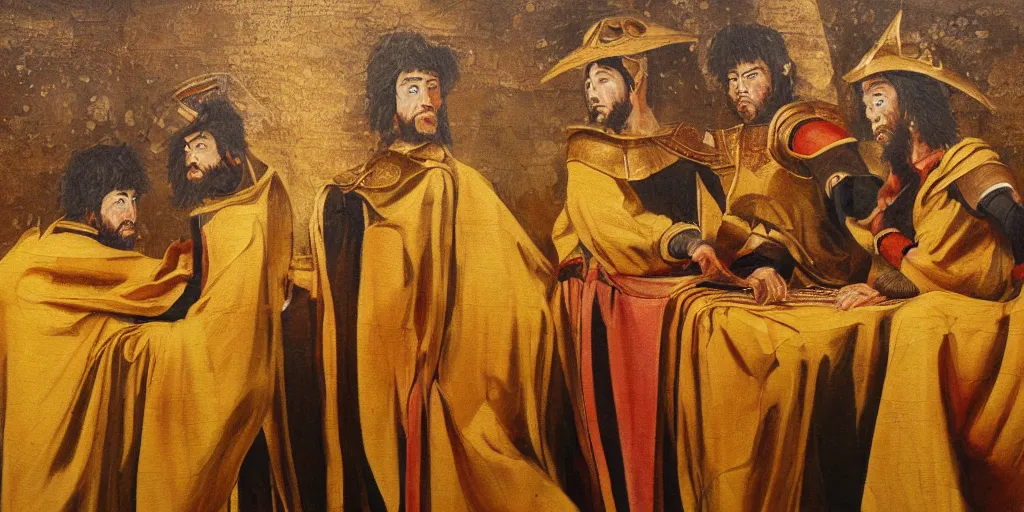 Prompt: Detailed painting of three warriors gathered around a large wooden table. They wear golden cloaks;