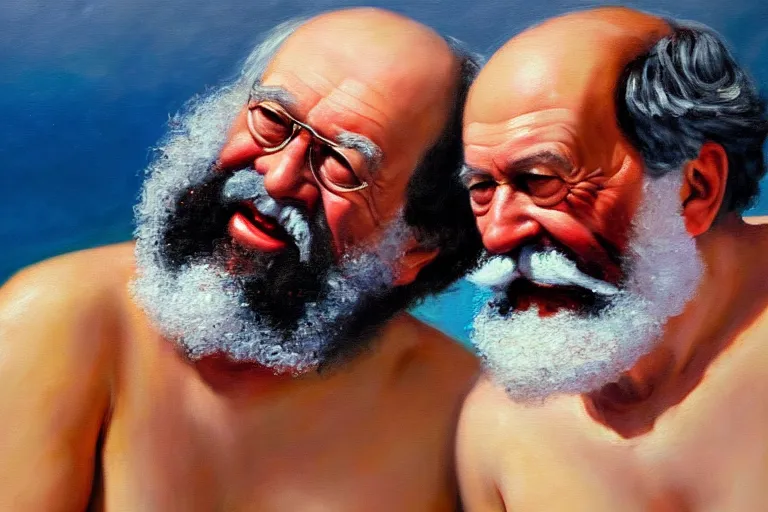 Image similar to ( ( a beautiful 8 k photorealistic masterpiece oil - painting ) ( close up ) and ( zoom out ) ( of ( karl marx and sigmund freud in a swimsuit ad ) ( in swimsuit ( both giggling and having fun ) ) ) ( hyperrealism ) ( 1 6 k ) ( trending on artstation )