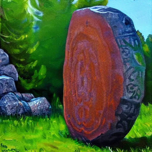 Prompt: runestone, nature, focused, centered, very detailed, oil painting