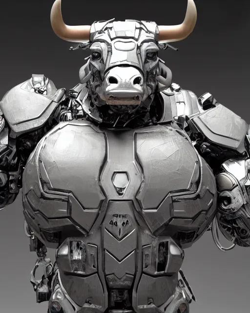 Prompt: a full body shot of an imposing cyborg ( bull ) modeled after a bull with open eyes looking into the camera, highly detailed, android, cyborg, full body shot, intricate, 3 d, hyper realism, symmetrical, octane render, strong bokeh, fantasy, highly detailed, depth of field, digital art, artstation, concept art, cinematic lighting, trending