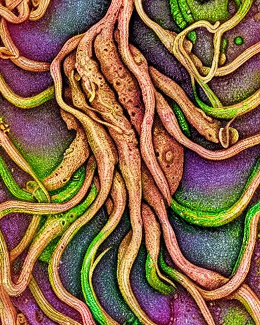 Image similar to Escherichia coli, close up details, drawn by Ernst Haeckel, colorful, beeple rendering