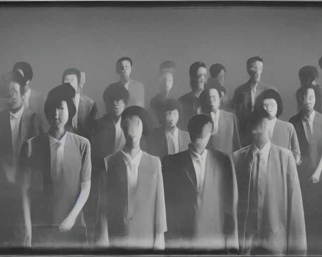 Prompt: a group of people standing next to each other, a photocopy by by Zhang Xiaogang, featured on cg society, holography, multiple exposure, calotype, ambient occlusion