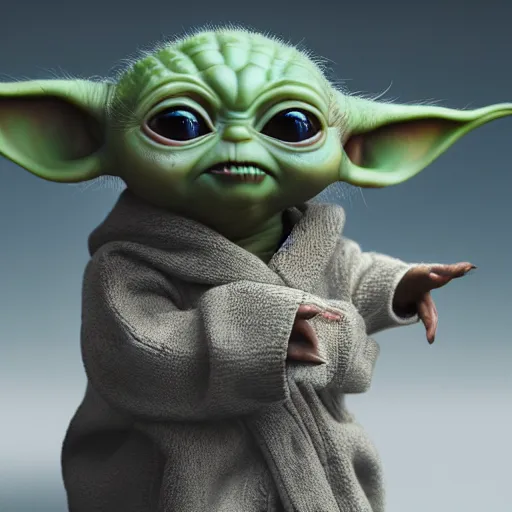 Image similar to full body pose, hyperrealistic photograph of baby yoda dressed as a pimp, dim volumetric lighting, 8 k, octane beautifully detailed render, extremely hyper detailed, intricate, epic composition, cinematic lighting, masterpiece, trending on artstation, very very detailed, stunning, hdr, smooth, sharp focus, high resolution, award, winning photo, dslr, 5 0 mm