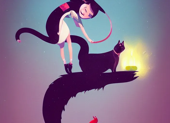 Image similar to a tomboy girl being happy with her cat. style by petros afshar, christopher balaskas, goro fujita, and rolf armstrong.