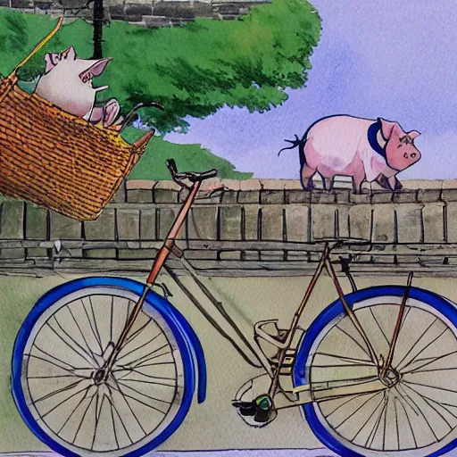 Prompt: a pig riding a bicycle on the road by the seaport,detailed watercolor pen ink illustration by Hayao Miyazaki, key visual official media