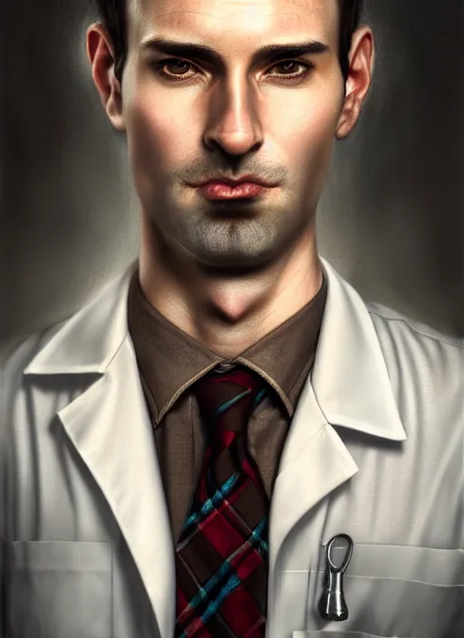 Image similar to male surgeon, brown hair, khakis, plaid shirt, gothic, moody, noir, diffuse lighting, fantasy, intricate, elegant, highly detailed, lifelike, photorealistic, digital painting, artstation, illustration, concept art, smooth, sharp focus, art by John Collier and Albert Aublet and James jean and Brian froud and ross tran and Artem Demura and Alphonse Mucha