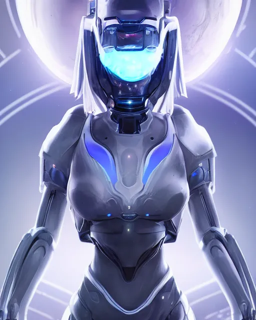 Image similar to perfect android girl on a mothership, warframe armor, beautiful face, scifi, futuristic, galaxy, nebula, raytracing, dreamy, long white hair, blue cyborg eyes, sharp focus, cinematic lighting, highly detailed, artstation, divine, by gauthier leblanc, kazuya takahashi, huifeng huang