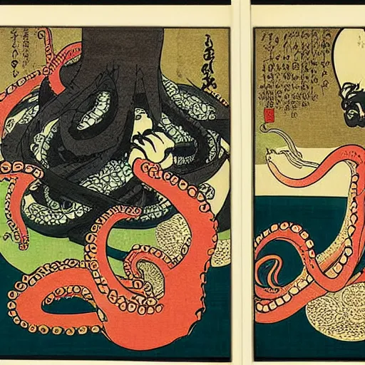 Prompt: an octopus smoking eight cigarettes, ukiyo-e triptych by Utagawa Kuniyoshi