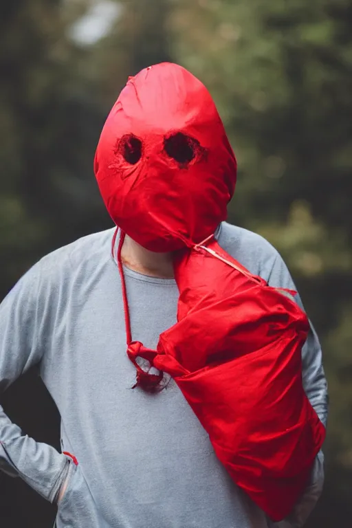 Prompt: man wearing a red sack over his head, bloody, looking at the camera