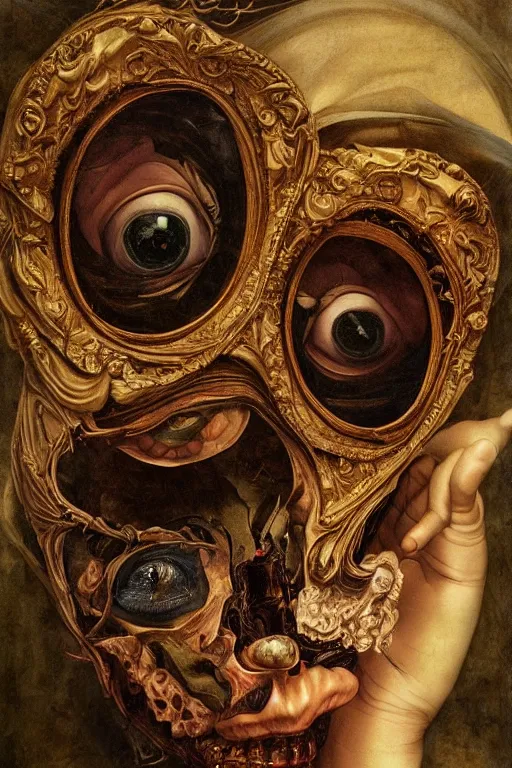 Image similar to Detailed maximalist portrait with large lips and with large wide eyes, surprised expression, surreal extra flesh and bones, HD mixed media, 3D collage, highly detailed and intricate, illustration in the golden ratio, in the style of Caravaggio, dark art, baroque