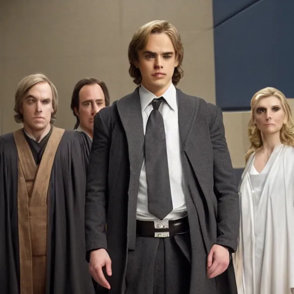 Image similar to anakin skywalker played by hayden christensen wearing jedi robes is talking to lawyers saul goodman played by bob odenkirk wearing a suit and kik wexler played by rhea seehorn in court, better call saul court scene 1 0 8 0 p, jimmy mcgill in court, court session images, realistic faces